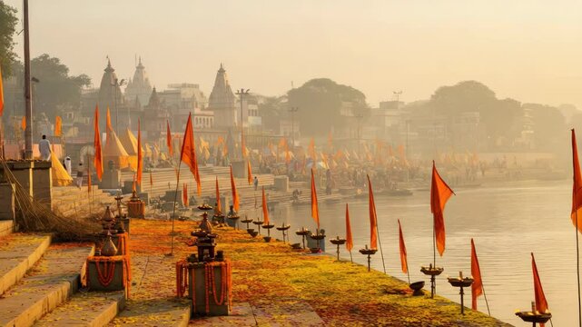 Colorful flags and lamps along riverbank during religious festival