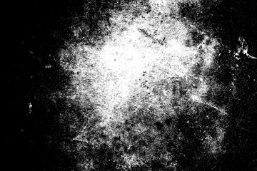 Destroyed black and white crumbled plaster on aged painted brushed surface. Rough grunge chipped edges of worn block. Old messy rustic peeling stone. Dust Overlay Distress Grainy Grungy Effect.