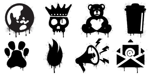 Graffiti Style Icon Collection. Dripping Spray Paint Stencil Symbols Set. including a melting globe, crowned skull, heart teddy bear, trash bin, paw print, flame, megaphone, and email envelope. © Doa Bunda