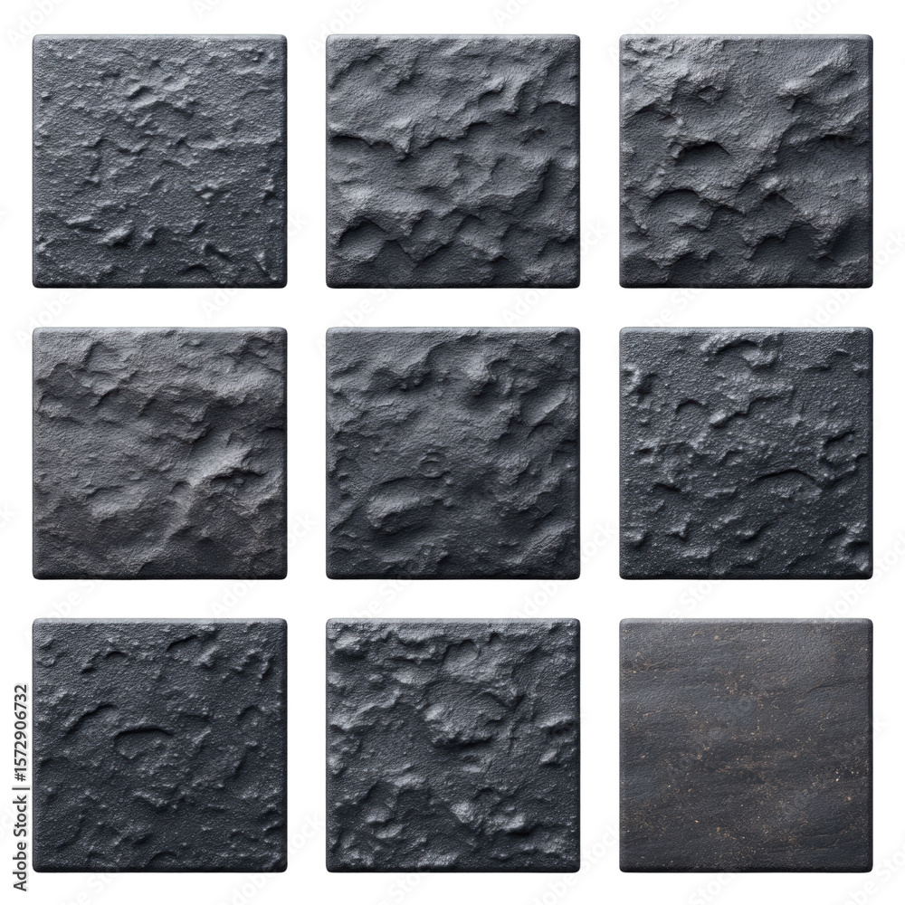 Poster textured dark stone tiles arranged in a grid pattern showcasing unique surfaces and variations for i