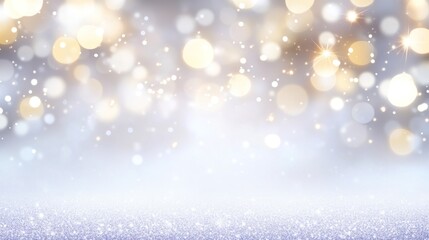 Shimmering bokeh lights and glitter create a festive, elegant winter scene