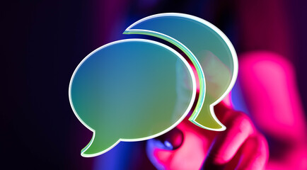 Bright neon speech bubbles, digital communication, online chat, social media, conversation.