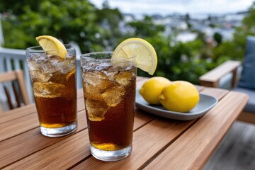 Fototapeta premium Two refreshing glasses of iced lemonade garnished with lemon slices sit on a wooden table, embodying the essence of summer and relaxation with a scenic backdrop.