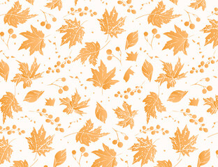 Maple leaves and berries seamless pattern, hand-drawn vector style, warm orange on cream, clean flat texture, perfect for fall decor, textiles, wrapping paper, seasonal backgrounds.