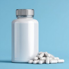 white pill bottle mockup with capsules isolated on blue background, pharmaceutical packaging and vitamin supplement branding
