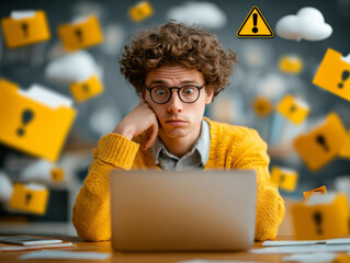 Worried person with curly hair looks at laptop surrounded by floating digital warning icons and folders, indicating data issues. scene conveys sense of confusion and urgency