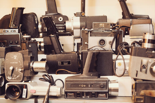 Old cameras in antique shop