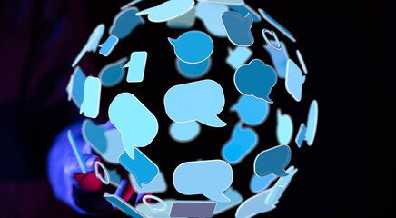 Abstract image of a network of communication, showing many speech bubbles.
