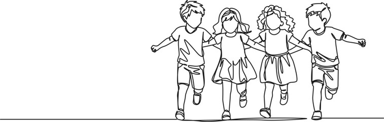 continuous single line drawing of four children joyfully running around together, line art vector illustration