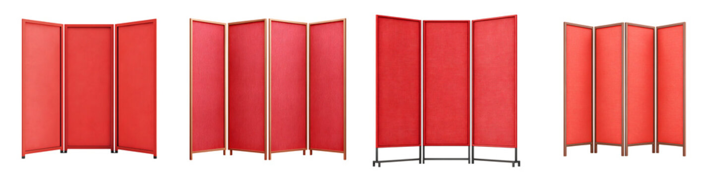 Four Folding Screens in Red, Room Divider on White