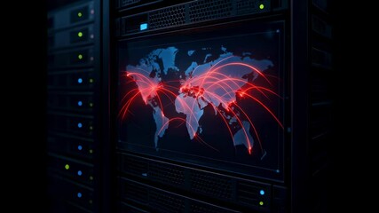 Red glowing lines connecting continents overlaying a server in a datacenter, representing global data exchange and seamless network communications across the digital landscape - Powered by Adobe