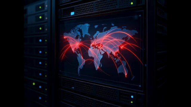 Red glowing lines connecting continents overlaying a server in a datacenter, representing global data exchange and seamless network communications across the digital landscape