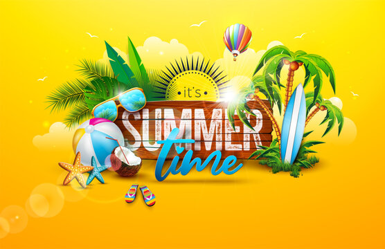 Summer Time Holiday Banner Design with Flower, Beach Ball and Typography Lettering in Vintage Wood Board on Tropical Island Background. Vector Vacation Illustration with Sunshine for Flyer, Invitation