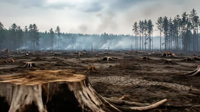 Deforestation landscape with tree stumps and dry cracked soil environmental impact