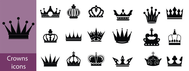 Crown icon set. Crowns logo set silhouette vector illustration