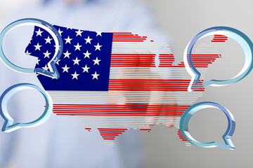 Image of a US map with speech bubbles, symbolizing communication and American dialogue.