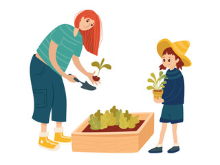 Mother and daughter gardening together. Woman planting vegetables, child holding seedling. Concept of growing your own food, eco lifestyle, family outdoor activity, sustainability.
