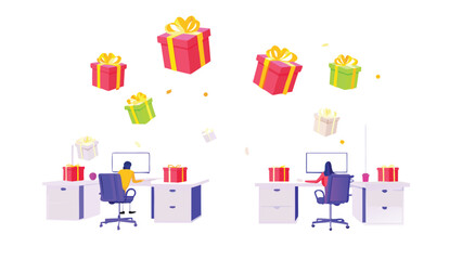 Two office setups with people working at computers and gifts floating above them in a festive scene