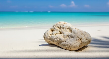 Smooth porous rock rests peacefully upon white sand near turquoise ocean waters
