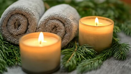 Warm glowing candles and soft rolled towels complement fresh green pine branches on furry surface