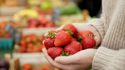 Person holding fresh strawberries at market