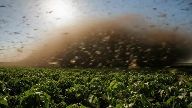 Devastating locust swarm flying over green field, agriculture and insect pest.