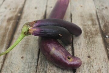 The purple eggplant placed on the table looks wilted