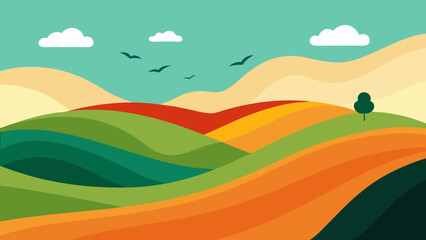 Obraz premium Nature vector illustration of a summer landscape with green hills, a rainbow, and a clear sky