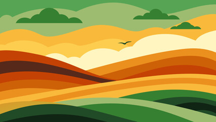 Obraz premium Vector illustration of a summer landscape with green hills, mountains, and a blue sky with clouds