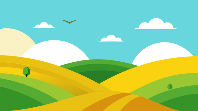 Vibrant vector illustration of a summer landscape with a rainbow, green grass, and blue sky over rolling hills and mountains