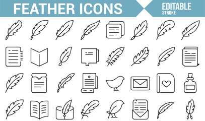 Set of Feather, Quill, and Writing Material Icons for Creative Writing and Literature
