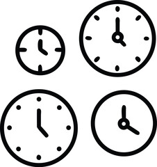 Vector art of a set of four different analog clocks showing various times