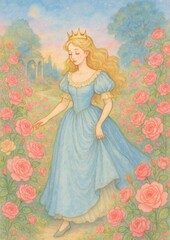 Fototapeta premium Princess in rose garden illustration.