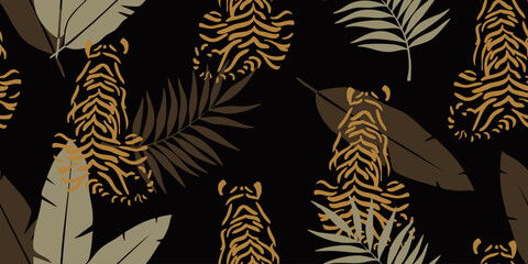 Tigers seamless pattern with flowers background Vector. Brown background.