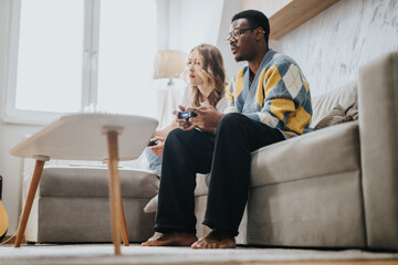 A couple sitting on a stylish couch in their living room, focused on playing video games,...