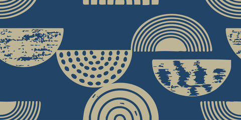 Semi circle abstract background. Hand drawn pattern design. Blue background.