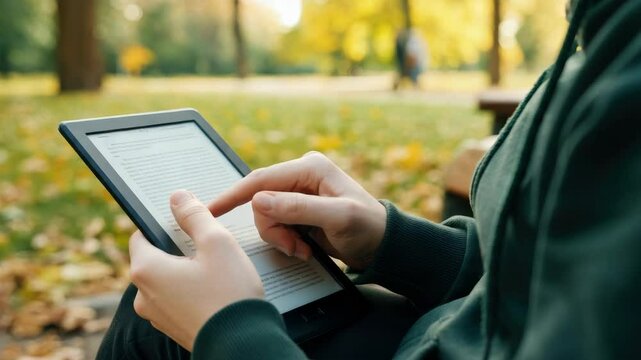 Person reading e-book outdoors in park