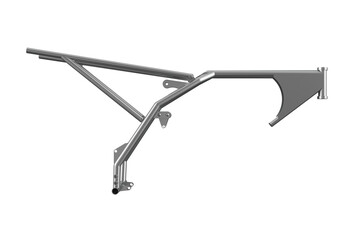 Bare Metal Motorcycle Frame Chassis for Custom Dirt Bike Motocross Supermoto Trail Build Engineering Technical Repair Isolated on White Background Ideal for Vehicle Assembly and Performance Design