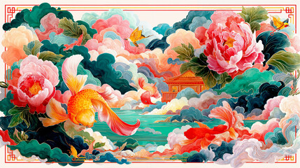 a colorful and intricate piece of art featuring goldfish swimming in a pond surrounded by lush, blooming peonies and vibrant clouds. The scene is set against a background of a Chinese building.
