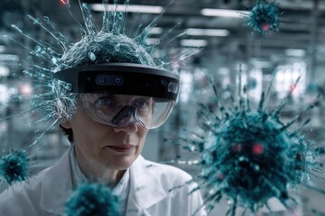 Scientist with Augmented Reality Headset Analyzing Virus Structures in Lab.