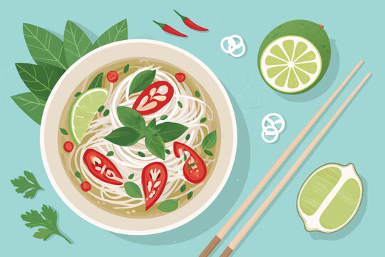A flat lay vector illustration of Vietnamese pho with fresh herbs.