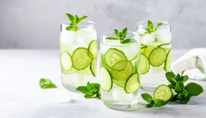Refreshing water with cucumber, mint and ice on grey background. Summer drink cucumber lemonade. Healthy drink and detox concept
