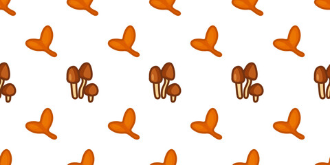 Seamless Cute Mushroom Leaf Pattern. Playful cartoon mushrooms and stylized orange leaves scattered on white background. Seamless flat design for autumn-themed surface decoration.