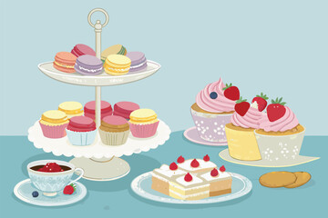 Vector illustration of a tea table laden with delightful desserts.