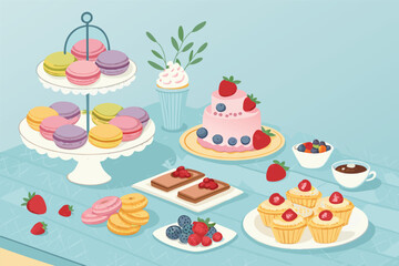 Angled view of a vector tea table laden with desserts.