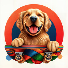 a colorful illustration of a golden retriever holding onto a skateboard with its paws. The background features a vibrant, circular design with red, blue, and orange hues.