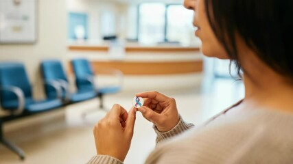Woman holding awareness ribbon in medical clinic area