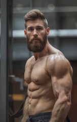 a muscular man with a well-defined torso and shoulders, standing indoors. He has a beard and is shirtless, wearing black shorts. The background appears to be a modern, glass-walled room.
