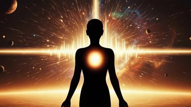 Surreal visualization of crown chakra energy merging with the cosmos during a moment of spiritual awakening