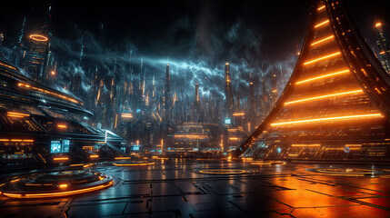 a futuristic cityscape at night, with tall, illuminated skyscrapers and modern, sleek buildings adorned with bright lights. The scene is set against a dark sky, creating a dramatic and technologically